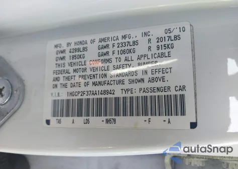 2010 Honda Accord 2.4 Lx z USA, uszkodzony, nr VIN 1HGCP2F37AA148942